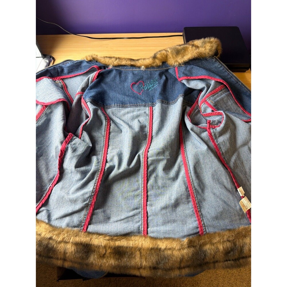 BLAST Denim Jacket Faux Fur Trim Women's M Blue Zip Front Winter Coat - Picture 7 of 10